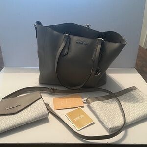 Michael Kors 3 Piece Grey Leather Bag